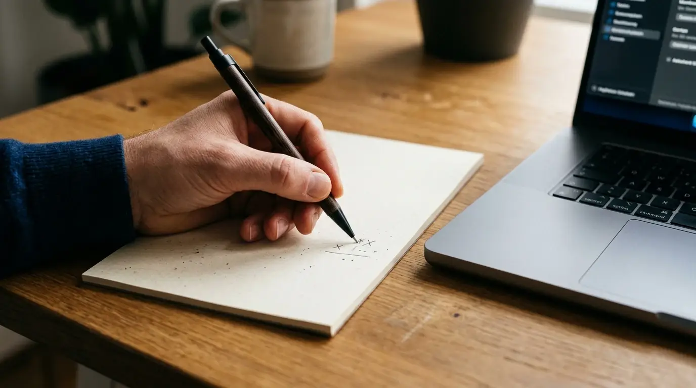 Handschriftliche Umsatzrechnung auf einem Notizblock neben einem Laptop