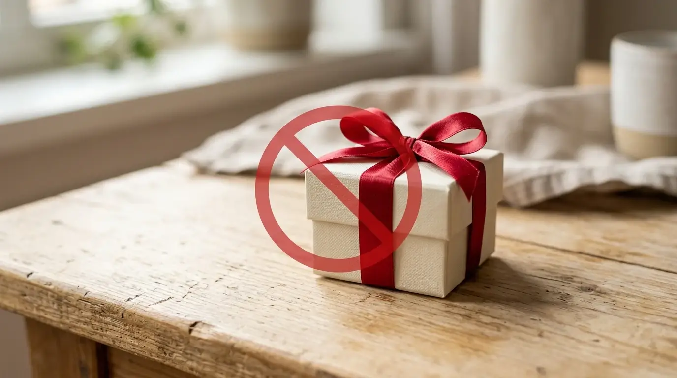 Geschenkbox mit roter Schleife und durchgestrichenes Symbol, Konzept verpasster Bonus