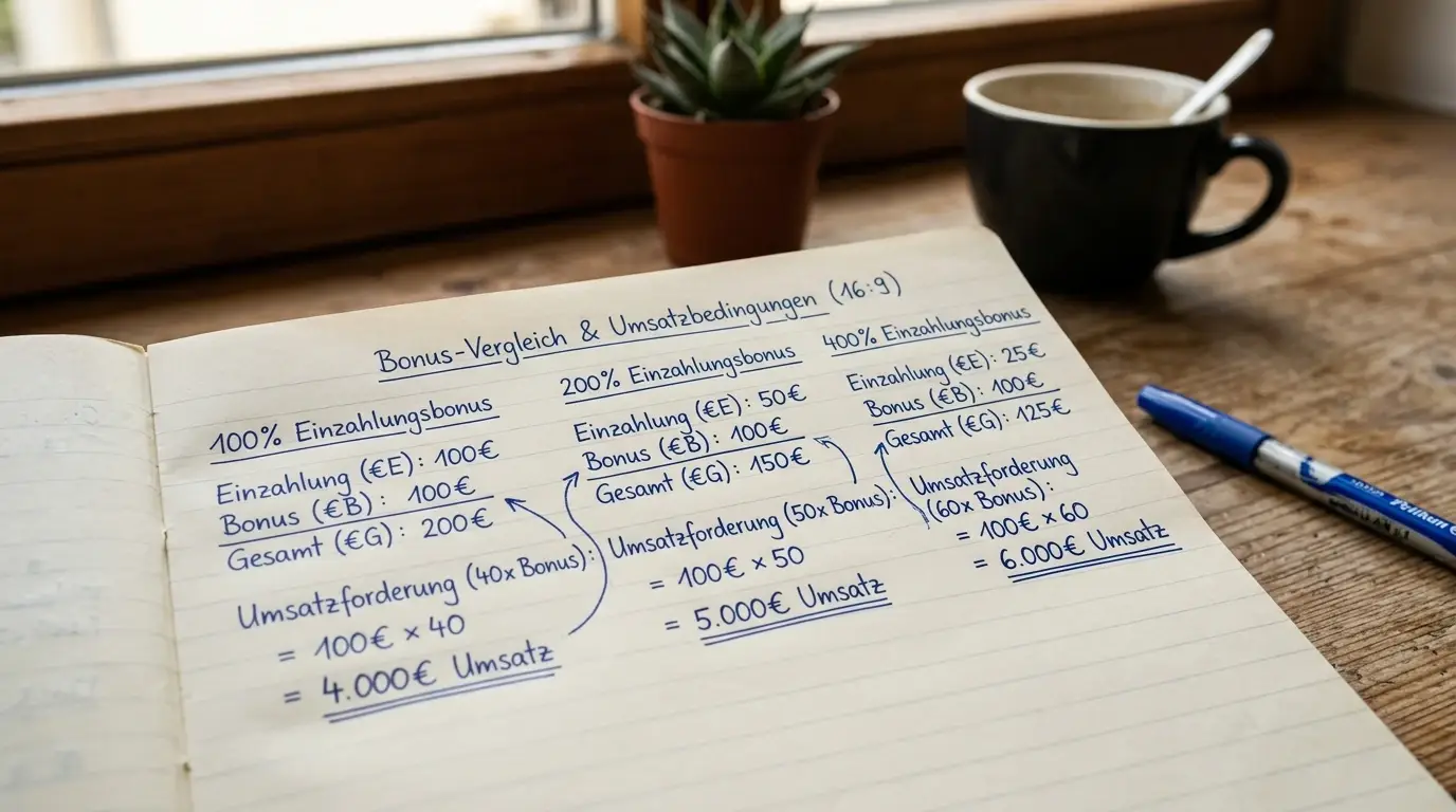 Handgeschriebene Berechnungen zu Bonusprozentsätzen und Umsatzbedingungen auf Notizpapier