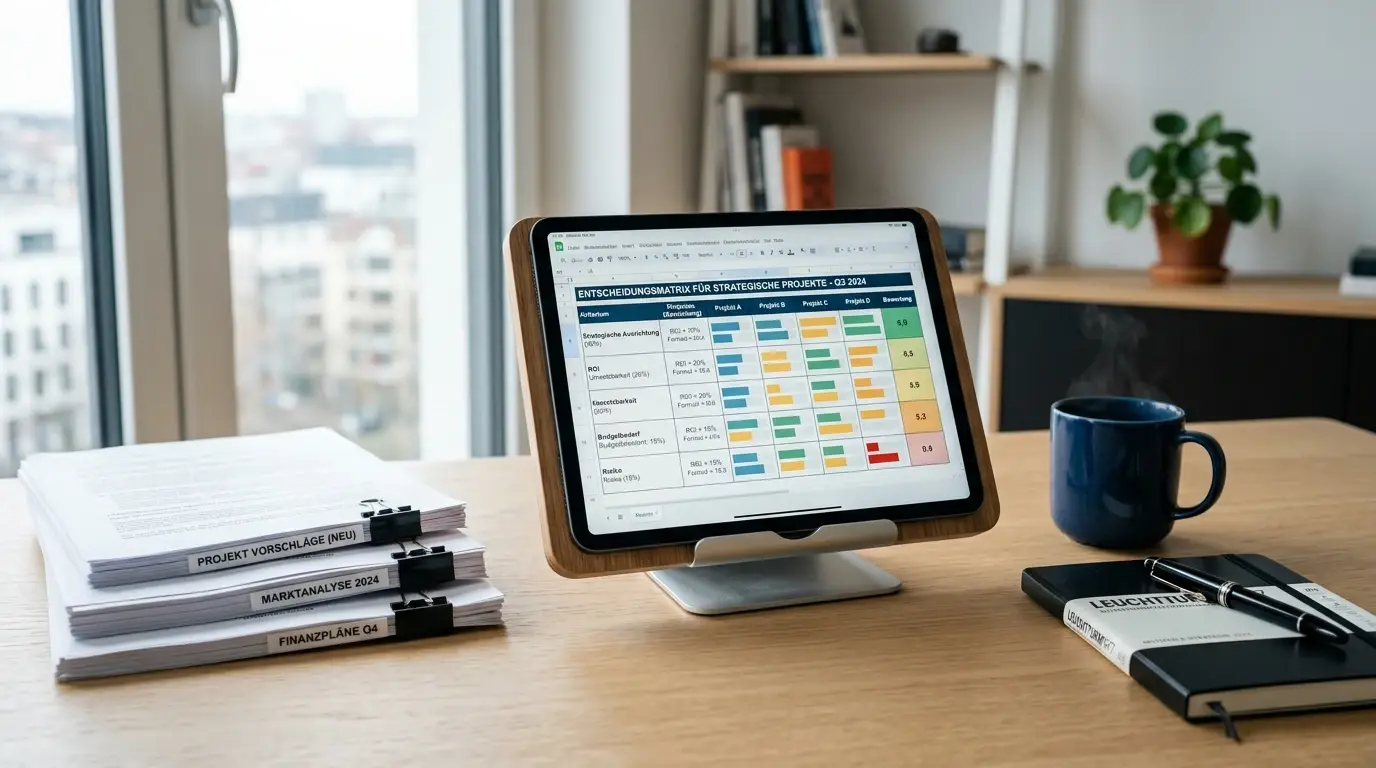 Schreibtisch mit drei Dokumentenstapeln und Tablet mit Entscheidungsmatrix