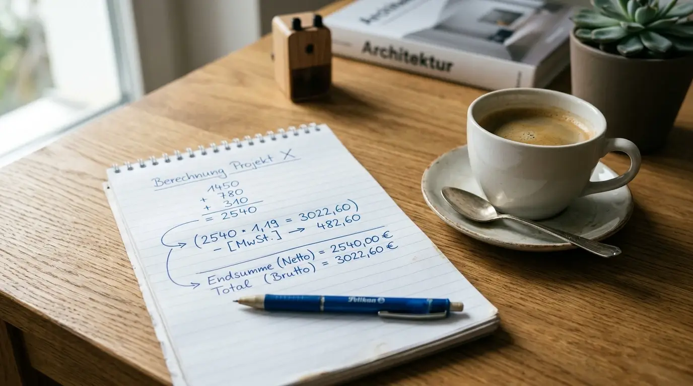 Notizblock mit Umsatzrechnung, Taschenrechner und handschriftlichen Notizen auf Schreibtisch
