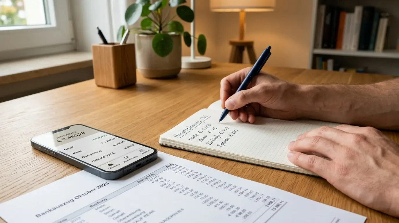 Person am Schreibtisch mit Taschenrechner und Notizen zu Bonusbedingungen