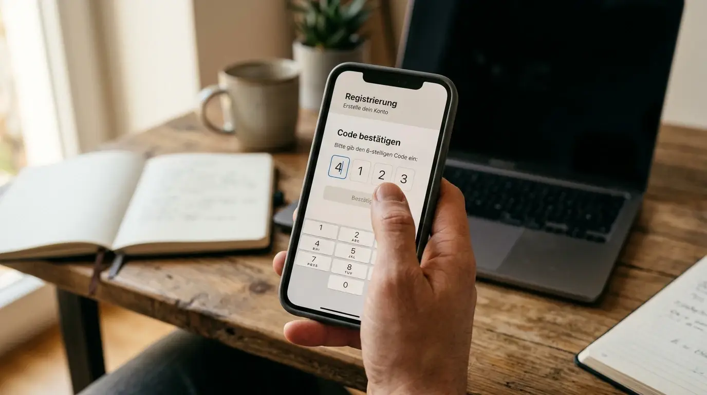 Hand tippt einen Bonuscode auf einem Smartphone im Anmeldeformular ein
