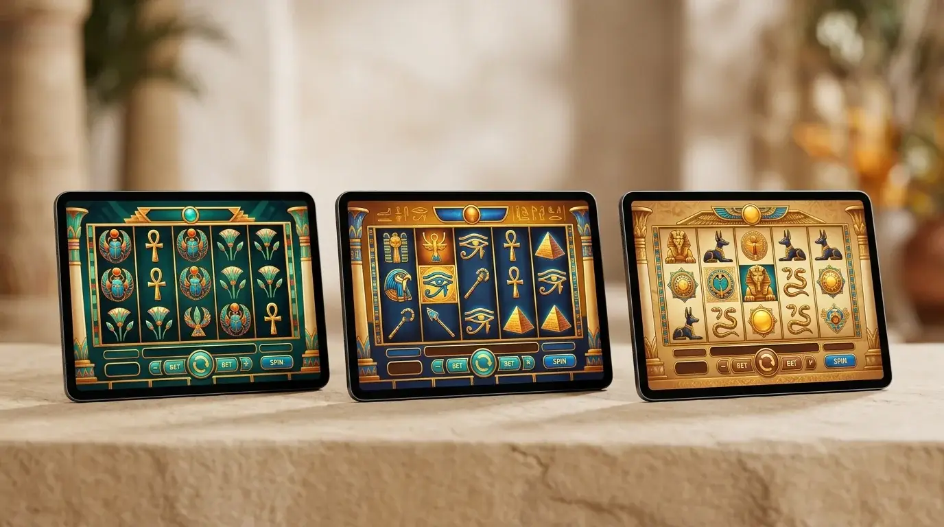 Drei Tablets nebeneinander mit unterschiedlichen stilisierten Spielautomaten-Oberflächen in Goldtönen