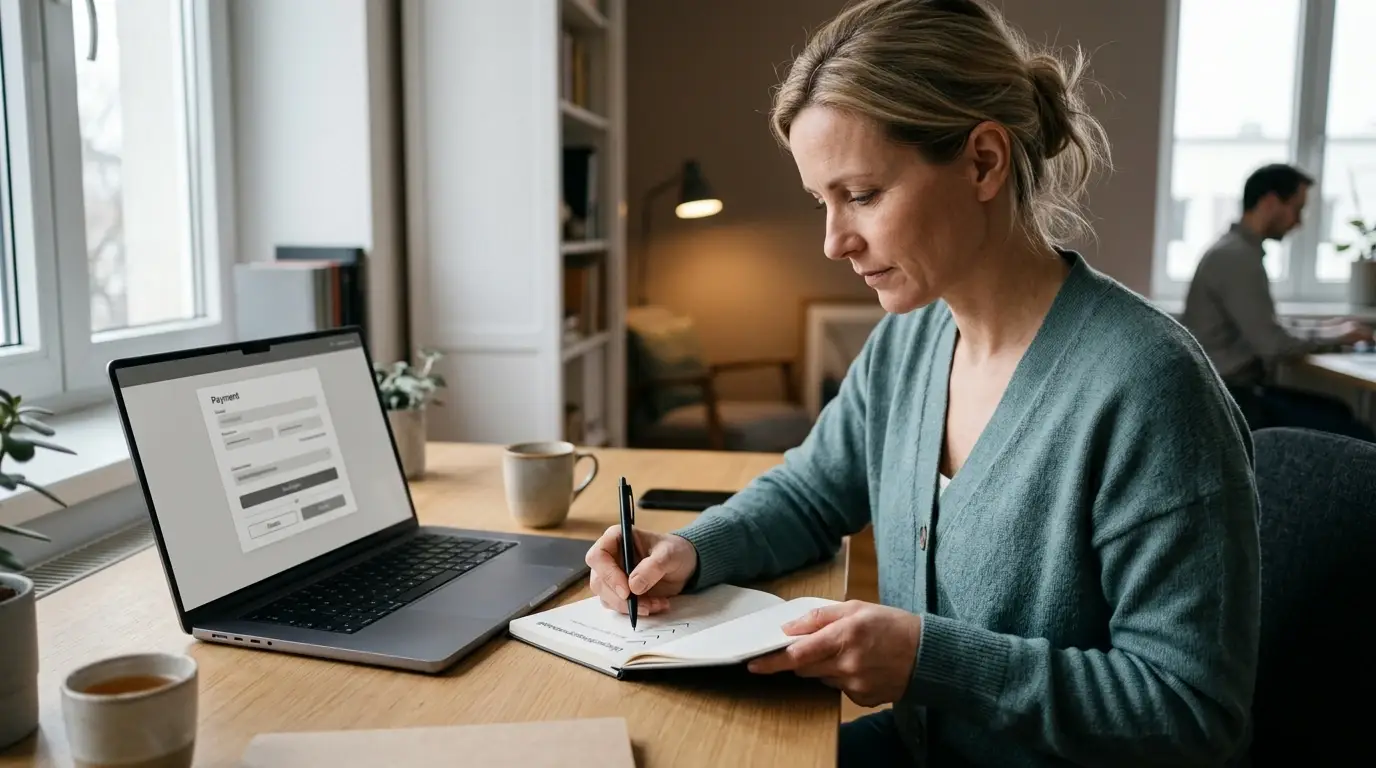 Erwachsene Person arbeitet eine strukturierte ADA-Prüfliste am Laptop ab