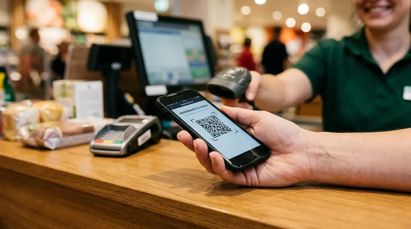 Smartphone mit neutralem Barcode am Kassenbereich eines Partnergeschäfts