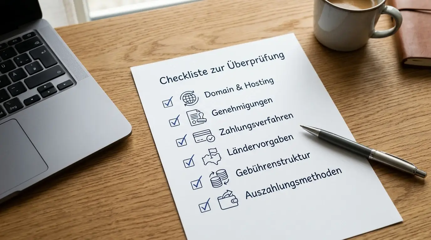 Neutrale Checkliste mit Domain, Lizenz, Kasse und Auszahlung als Prüfpunkten