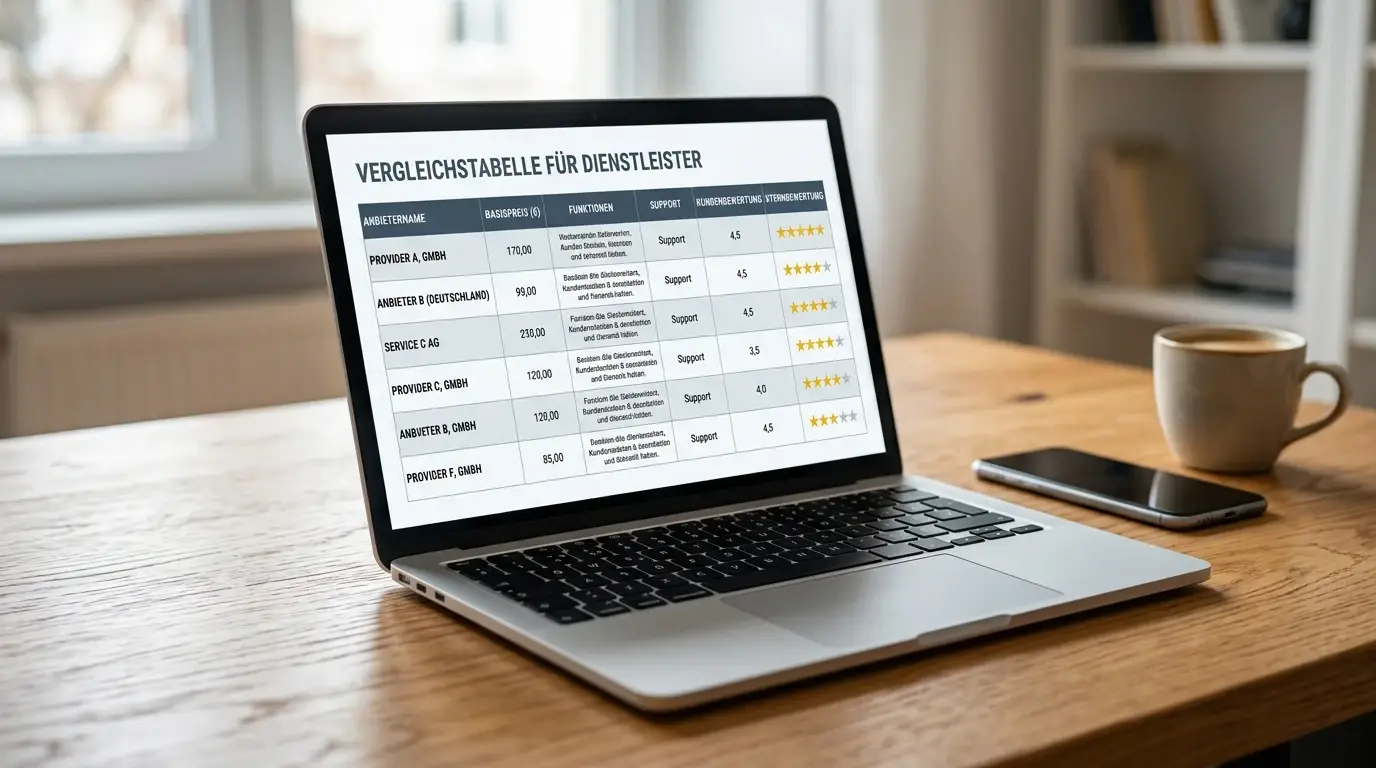Vergleichstabelle mit sechs Casino-Anbietern auf Laptop-Bildschirm