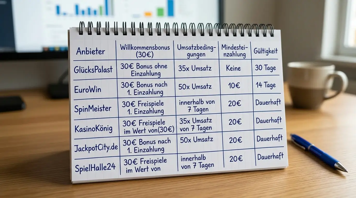 Vergleich mehrerer Casino-Anbieter mit 30 Euro Bonus auf einem Notizblatt