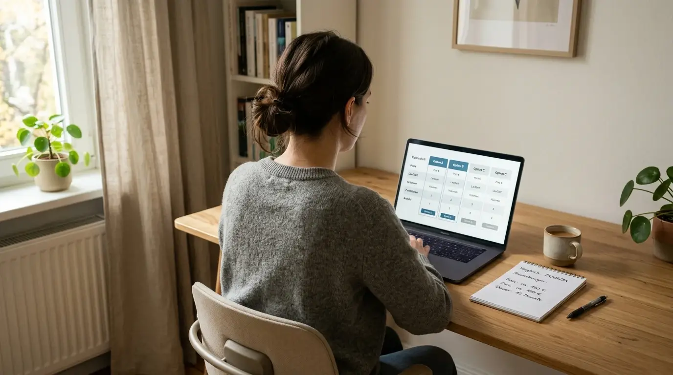 Person am aufgeräumten Schreibtisch, die auf einem Laptop eine nüchterne Vergleichsübersicht ohne Markenlogos betrachtet
