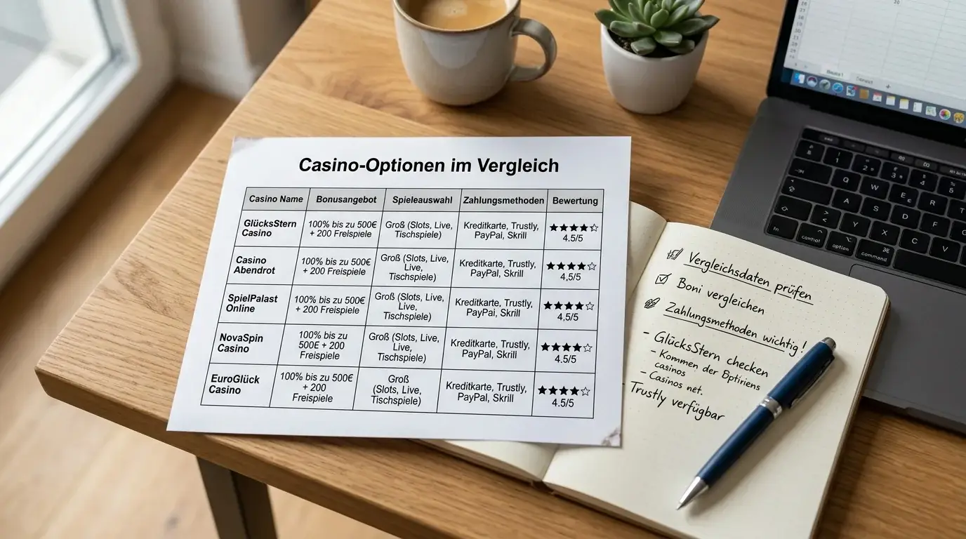 Aufgeräumter Schreibtisch mit Casino-Vergleichstabelle und Notizen