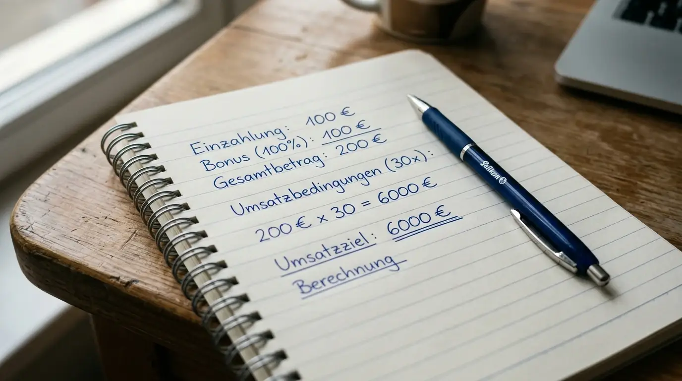Nahaufnahme eines Notizblocks mit Einzahlungsberechnung und Stift