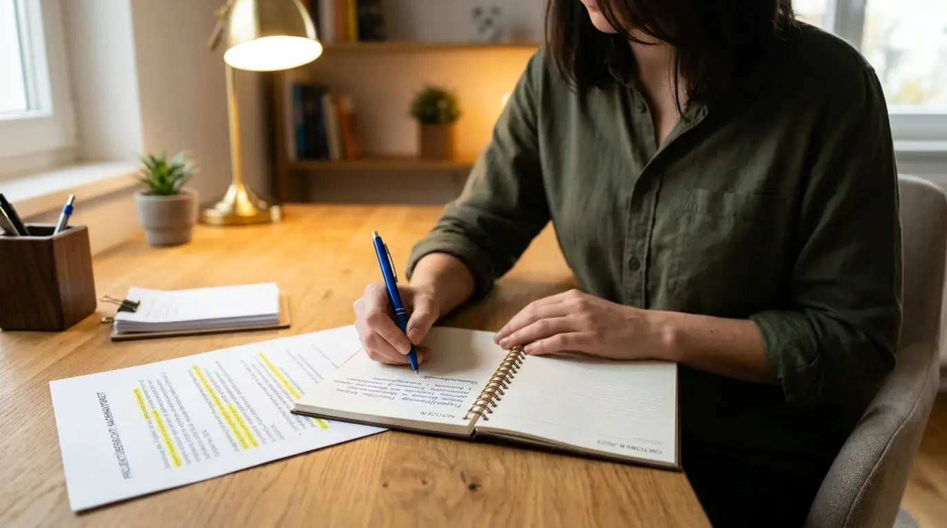 Person am Schreibtisch mit Stift und Notizbuch beim Vergleichen von Bonusbedingungen auf einem Ausdruck