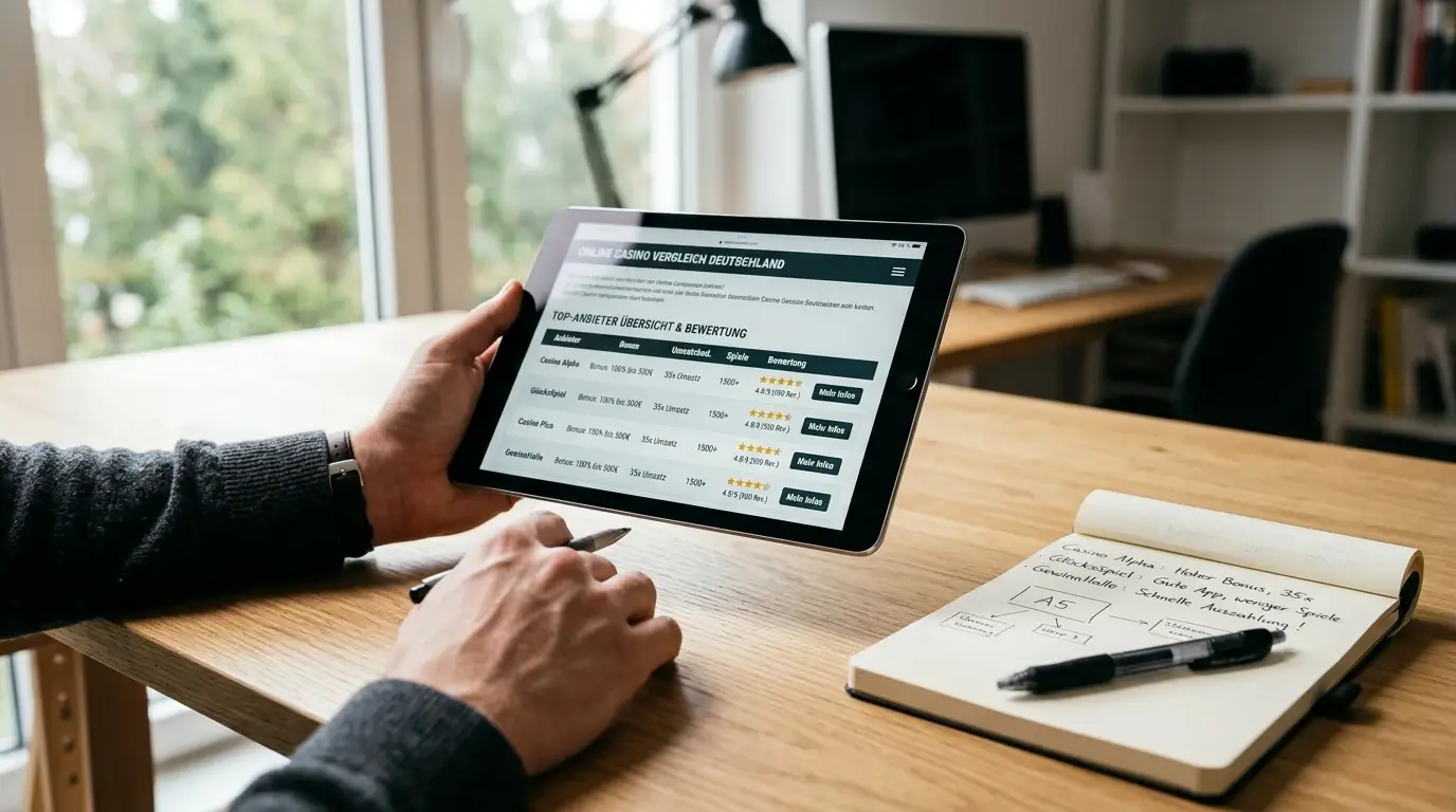 Person analysiert Casino-Angebote auf Tablet mit Notizen daneben