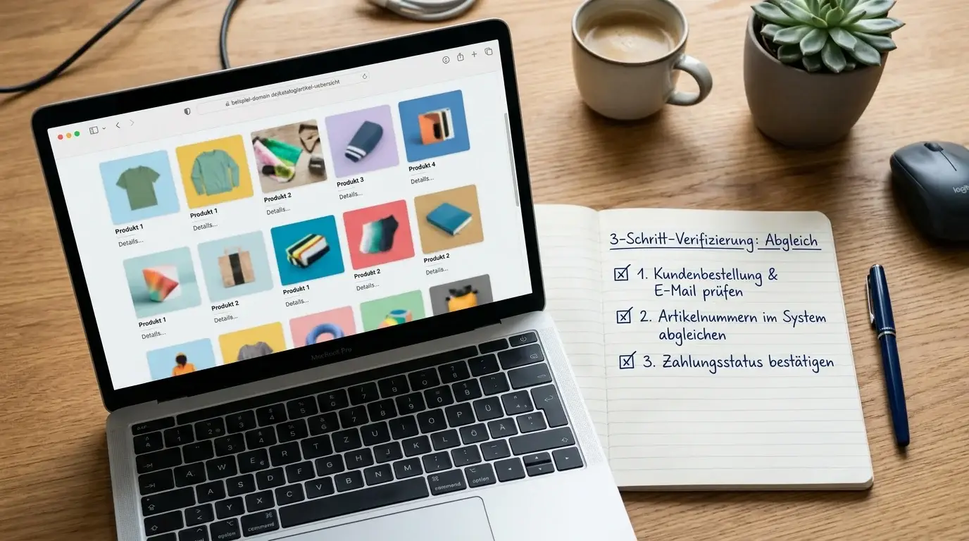 Handschriftliche dreistufige Checkliste neben einem Laptop mit neutralem Katalog