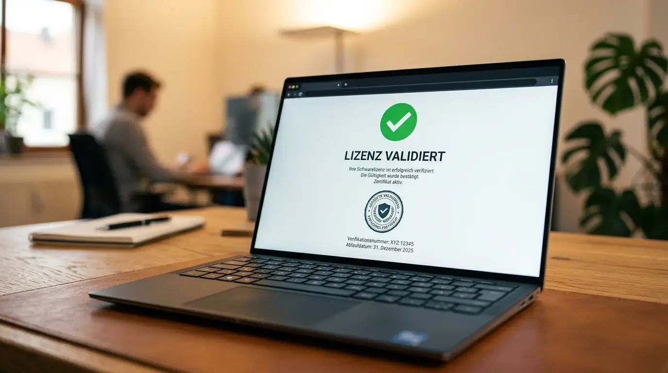 Realistisches Foto eines Laptop-Bildschirms, der eine offizielle Lizenzvalidierungs-Webseite zeigt, mit einem grünen Häkchen und einem Wappen-Symbol, warmes Bürolicht, professionelle Business-Fotografie, keine lesbaren Texte oder erkennbare Logos, warme Farbpalette, geringe Tiefenschärfe mit Fokus auf den Bildschirm