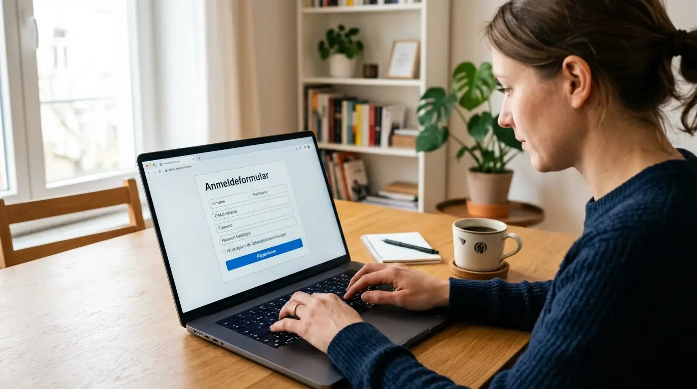 Person am Laptop mit offener Registrierungsseite ohne erkennbare Marken