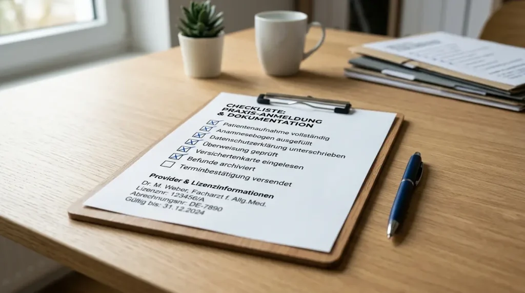 Checkliste auf einem Clipboard mit Häkchen neben Anbieter-Namen und Lizenz-ID