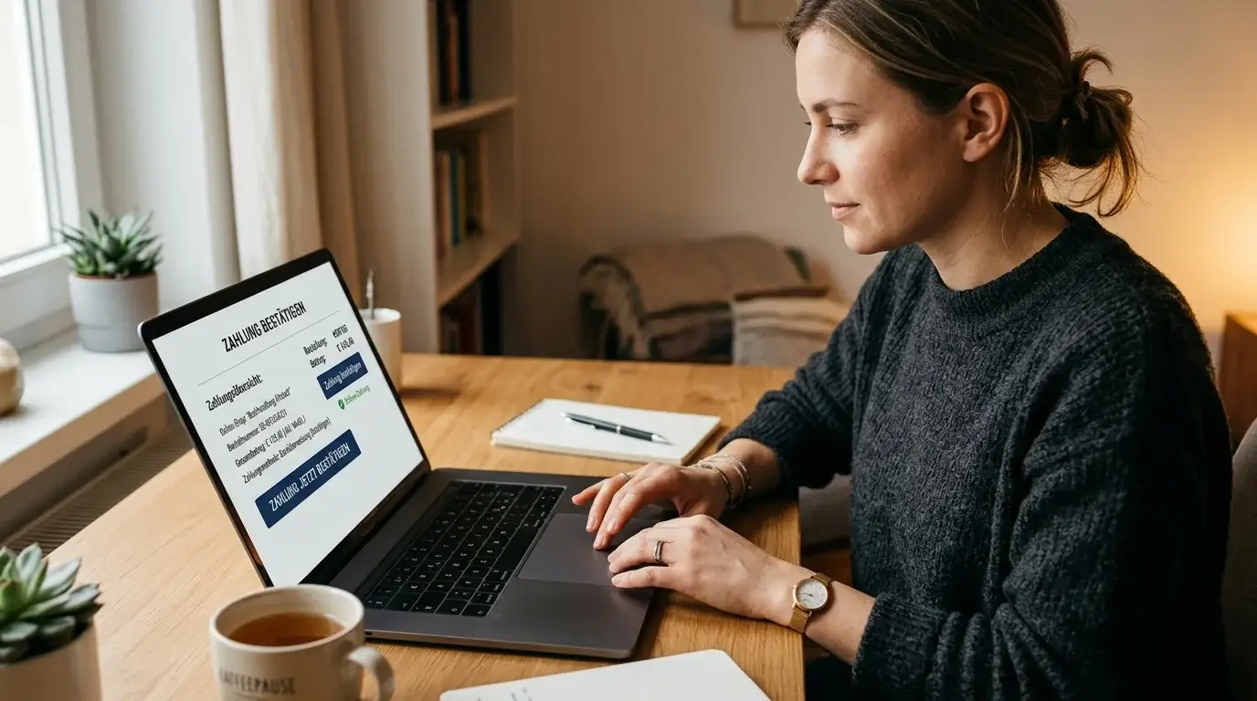 Person bestätigt digitale Zahlung an neutralem Laptop mit dezenter Zahlungsübersicht