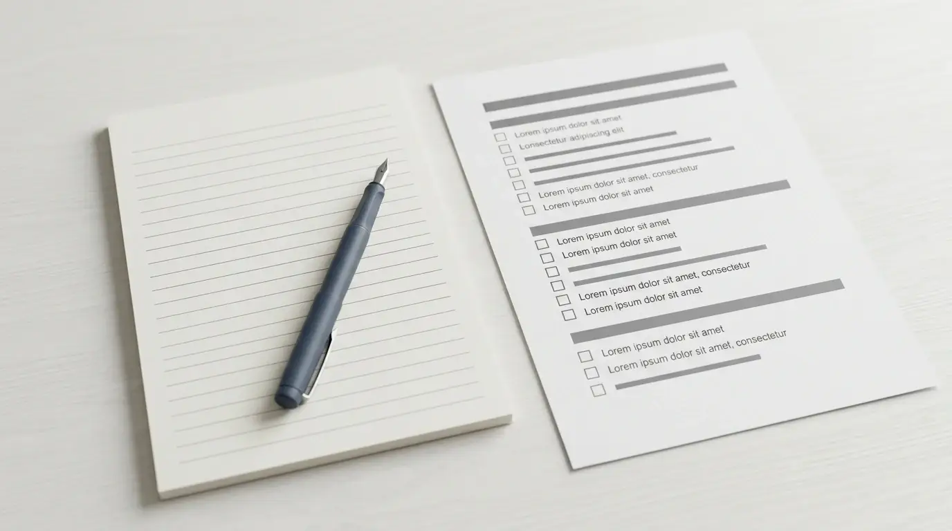 Notizblock und Stift neben einer Liste mit Bonusbedingungen auf neutralem Papier
