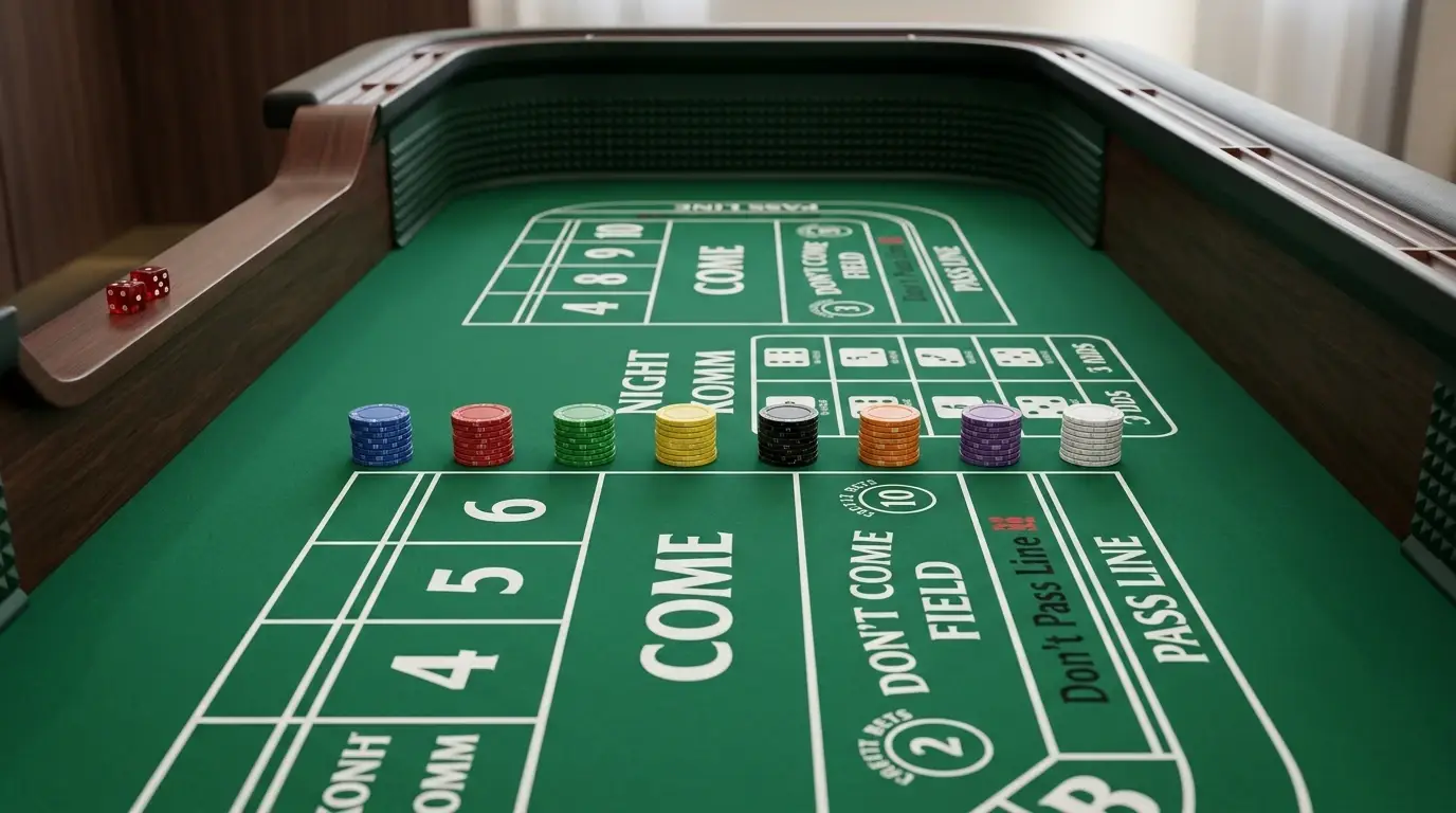 Vogelperspektive auf einen Craps-Tisch mit Chips und Würfeln ohne erkennbare Marken