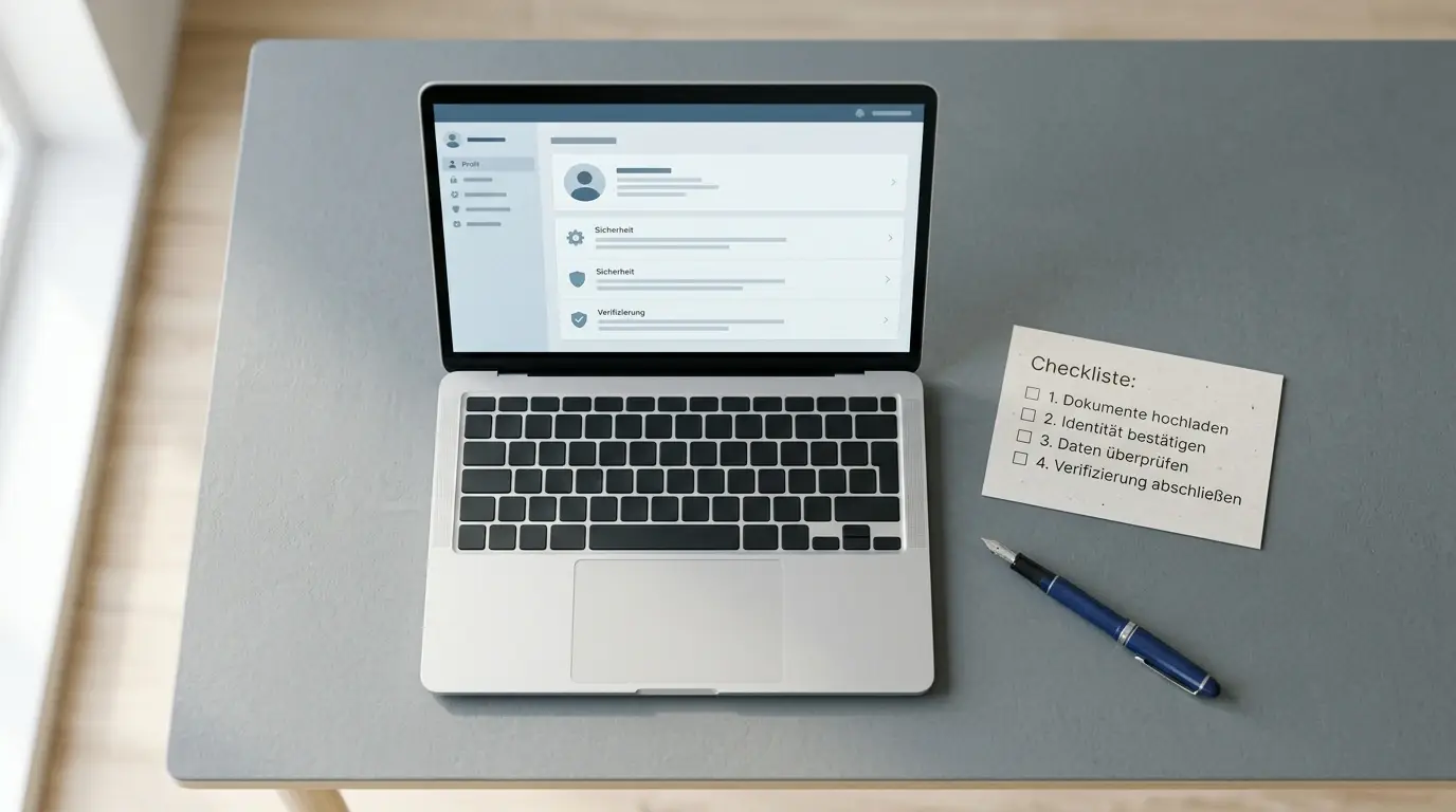 Laptop mit geöffnetem Online-Casino-Konto neben einem Notizzettel mit Checkliste