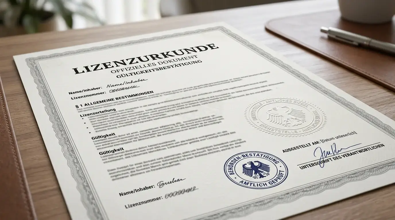 Offizielles Lizenzdokument mit Stempel und Siegel auf einem Schreibtisch