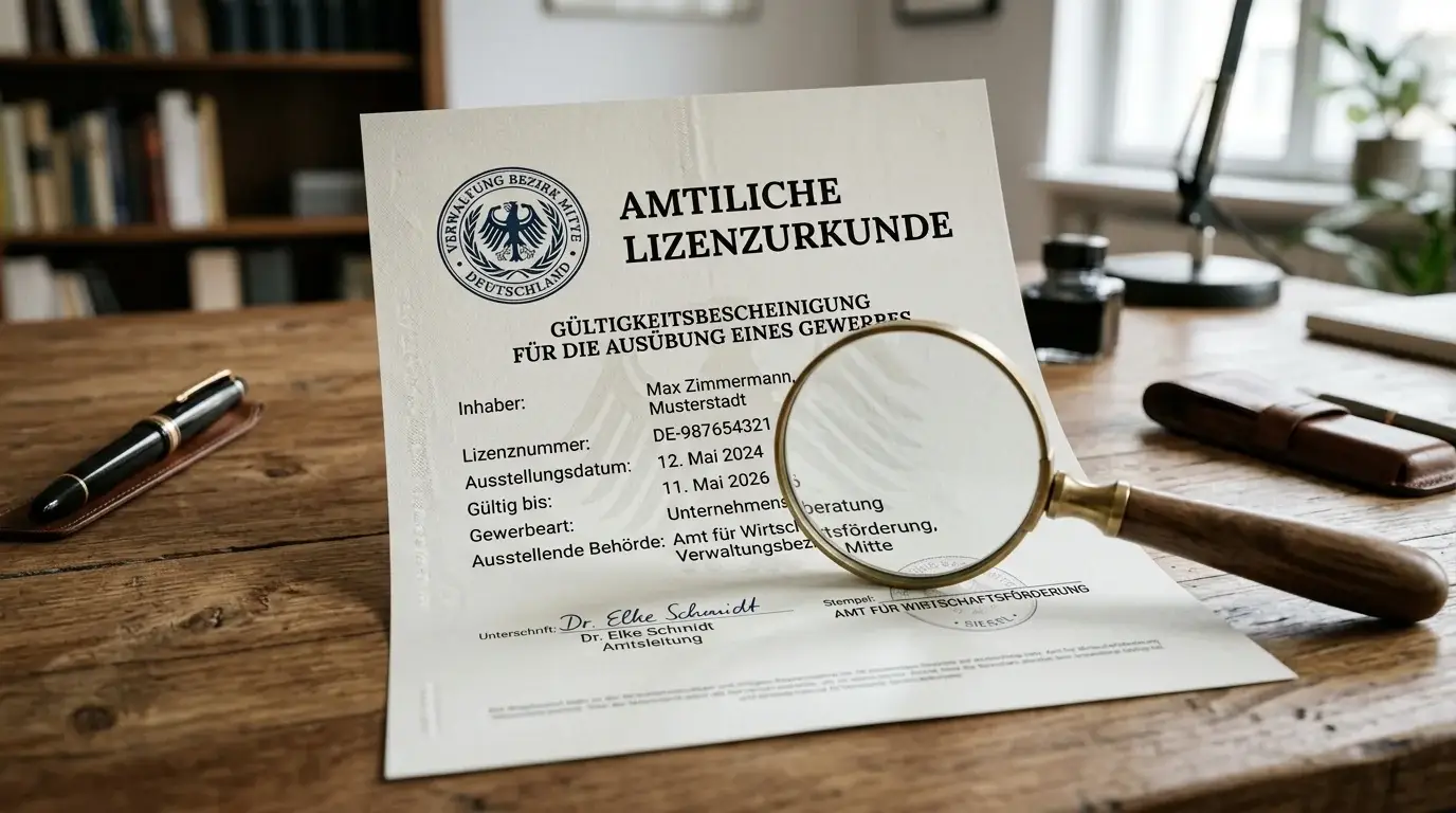 Lizenzdokument mit offiziellen Siegeln und Stempeln