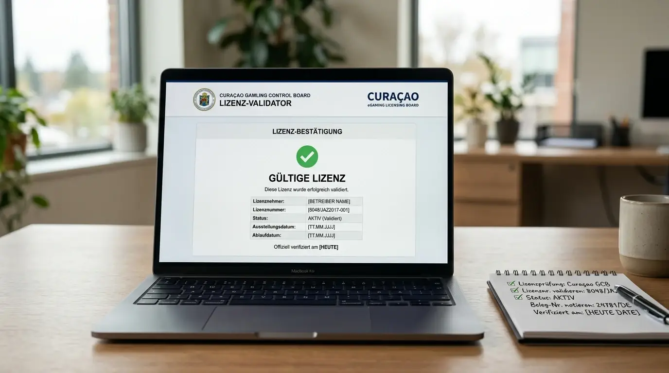 Curaçao-Lizenzsiegel und Validator-Dokument auf Laptop-Bildschirm