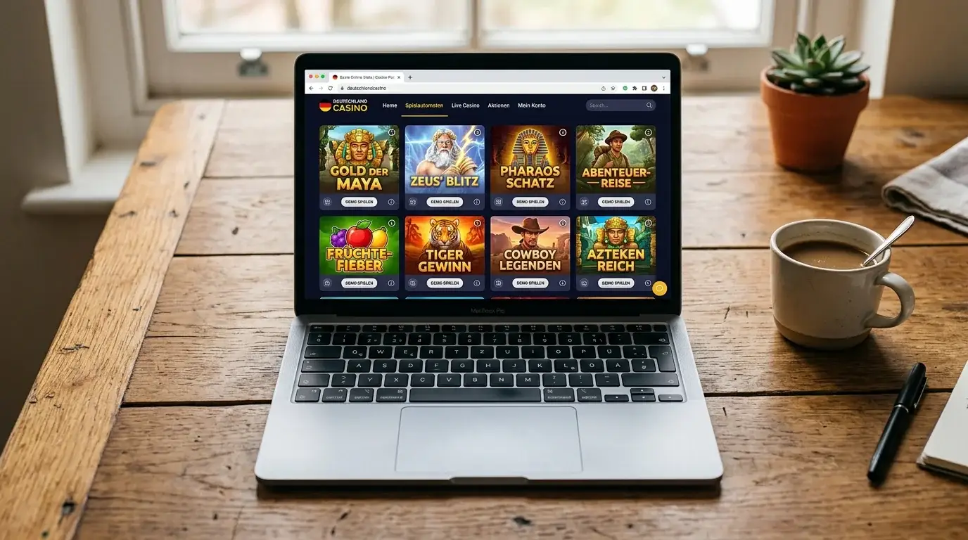 Laptop mit geöffnetem Demo-Portal und mehreren Slot-Titeln in der Browser-Lobby