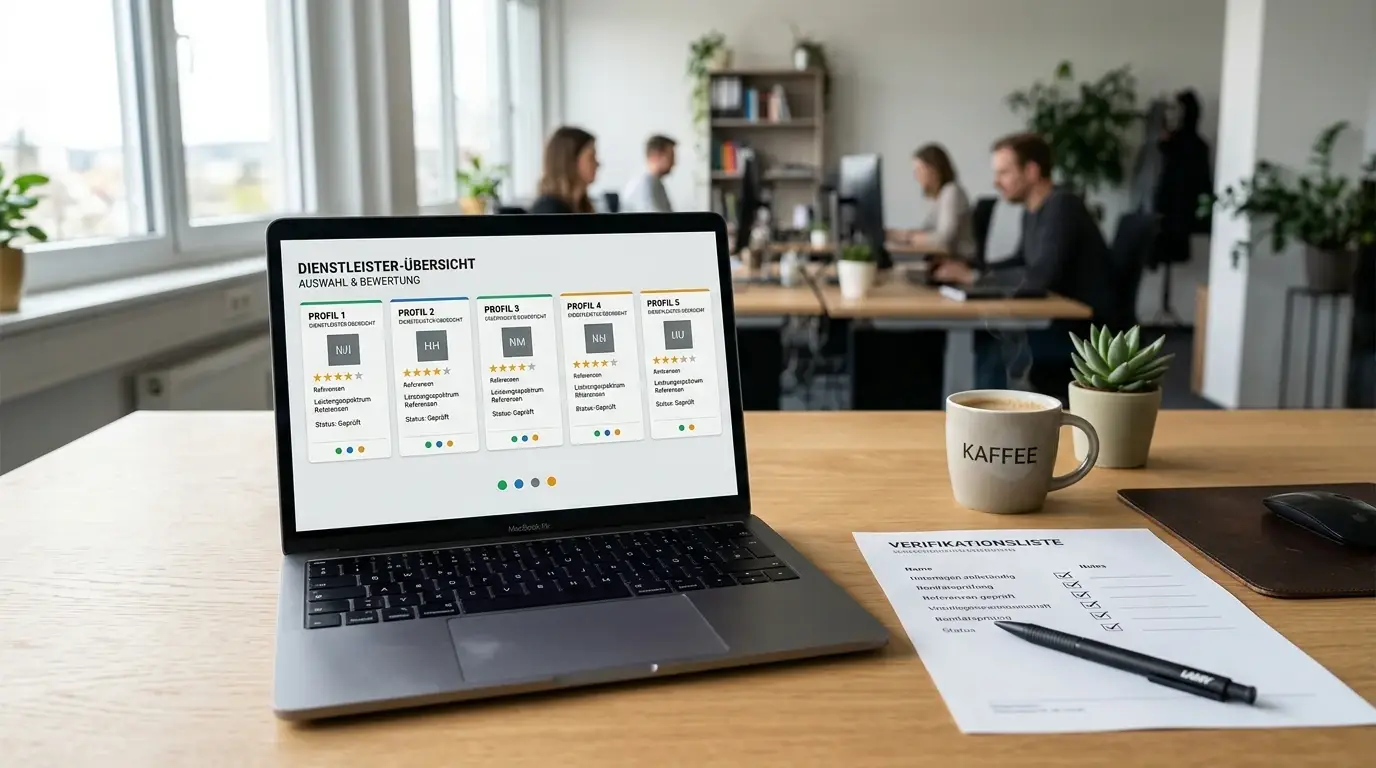 Laptop mit neutralen Anbieterprofilen und Prüfsymbolen