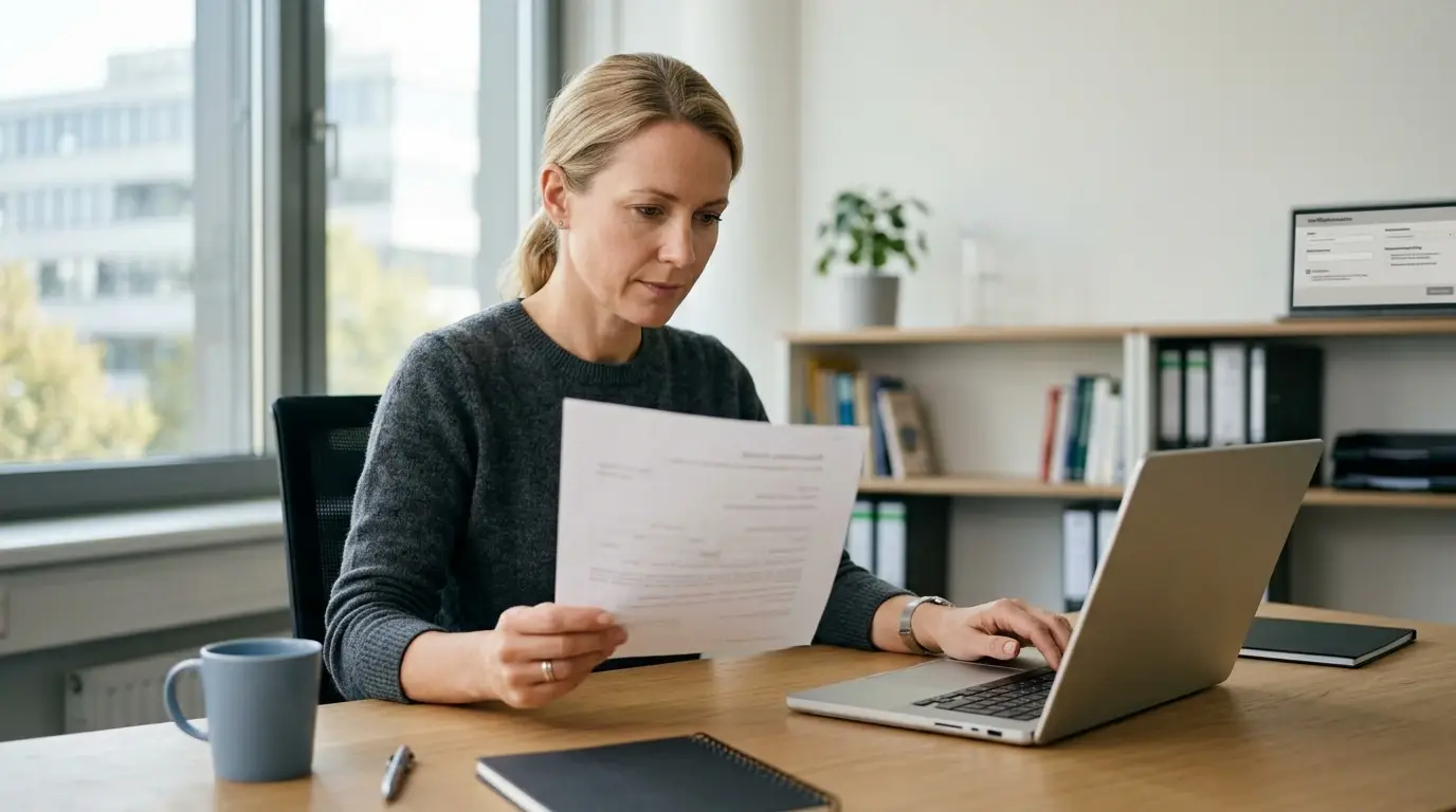 Neutrales deutsches Erlaubnisdokument neben einem Laptop mit Anbieterprüfung