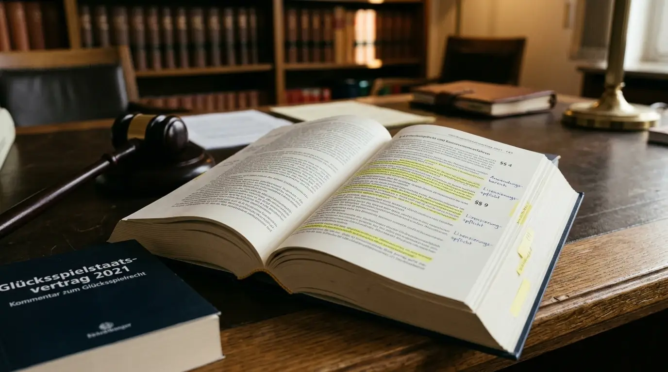 Deutsches Rechtsbuch Glücksspielstaatsvertrag 2021 aufgeschlagen mit markierten Passagen und Richterhammer