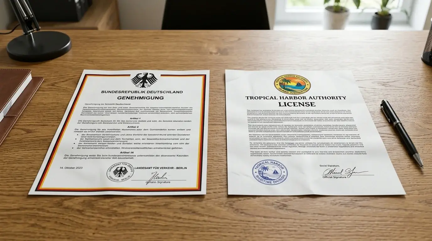 Zwei Dokumente nebeneinander auf Schreibtisch — links deutsche GGL-Lizenz, rechts Offshore-Lizenz