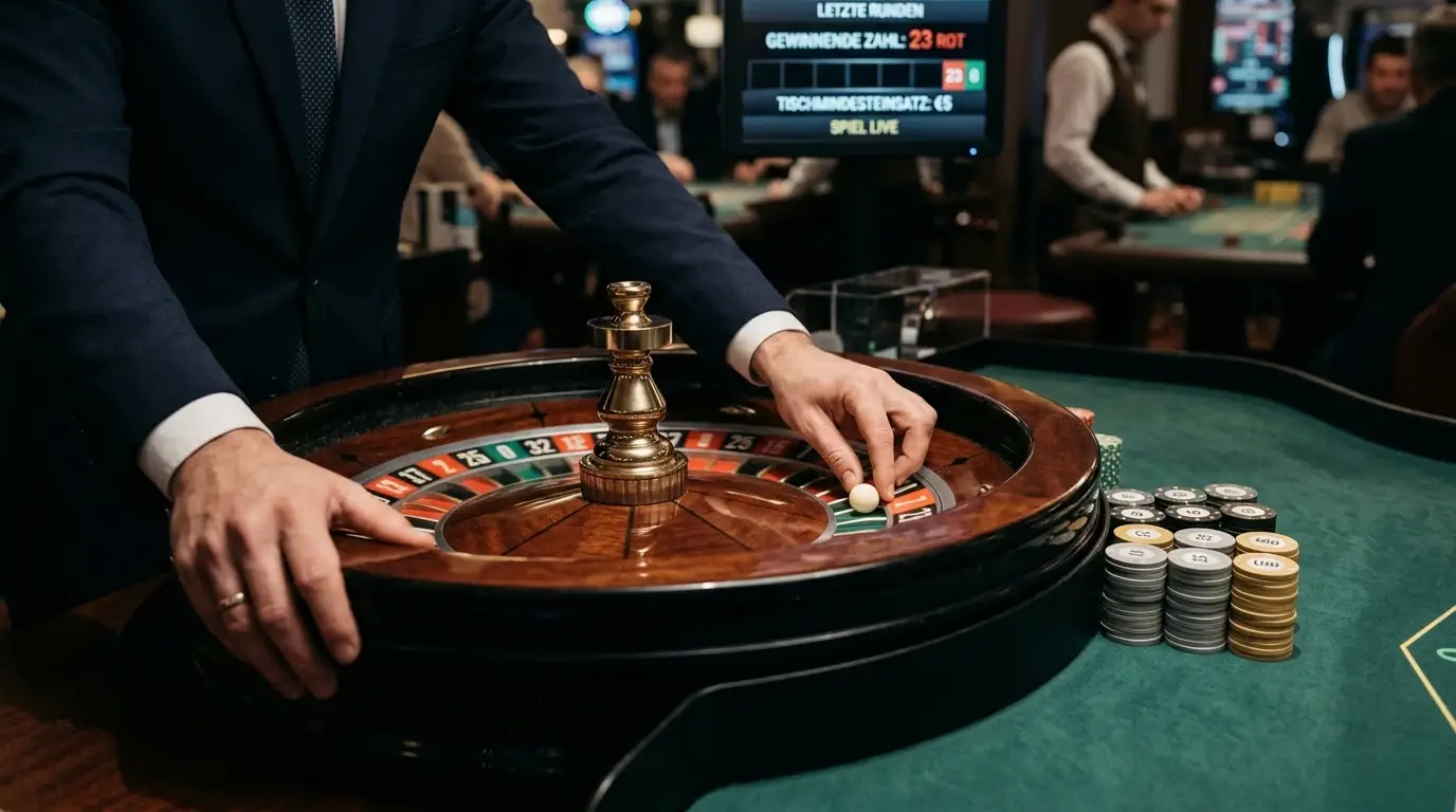 Hände eines Croupiers am Roulette-Kessel während einer Live-Übertragung