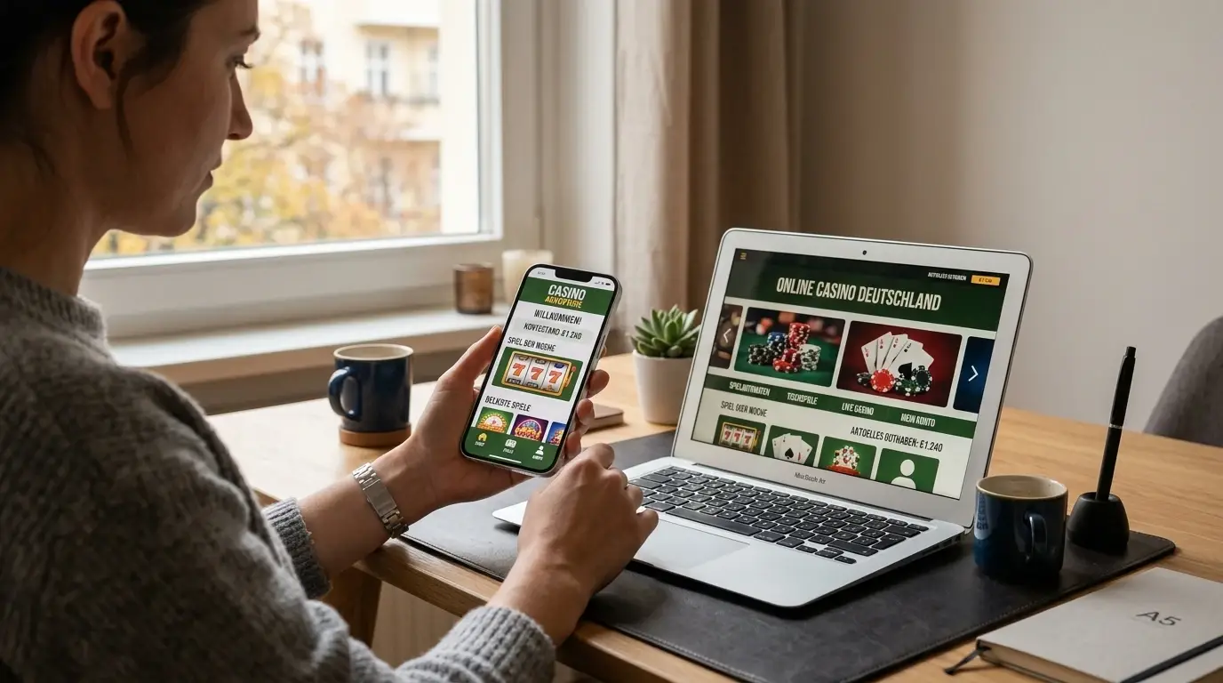 Laptop auf einem hellen Schreibtisch neben einem Smartphone mit neutraler Casino-Oberfläche