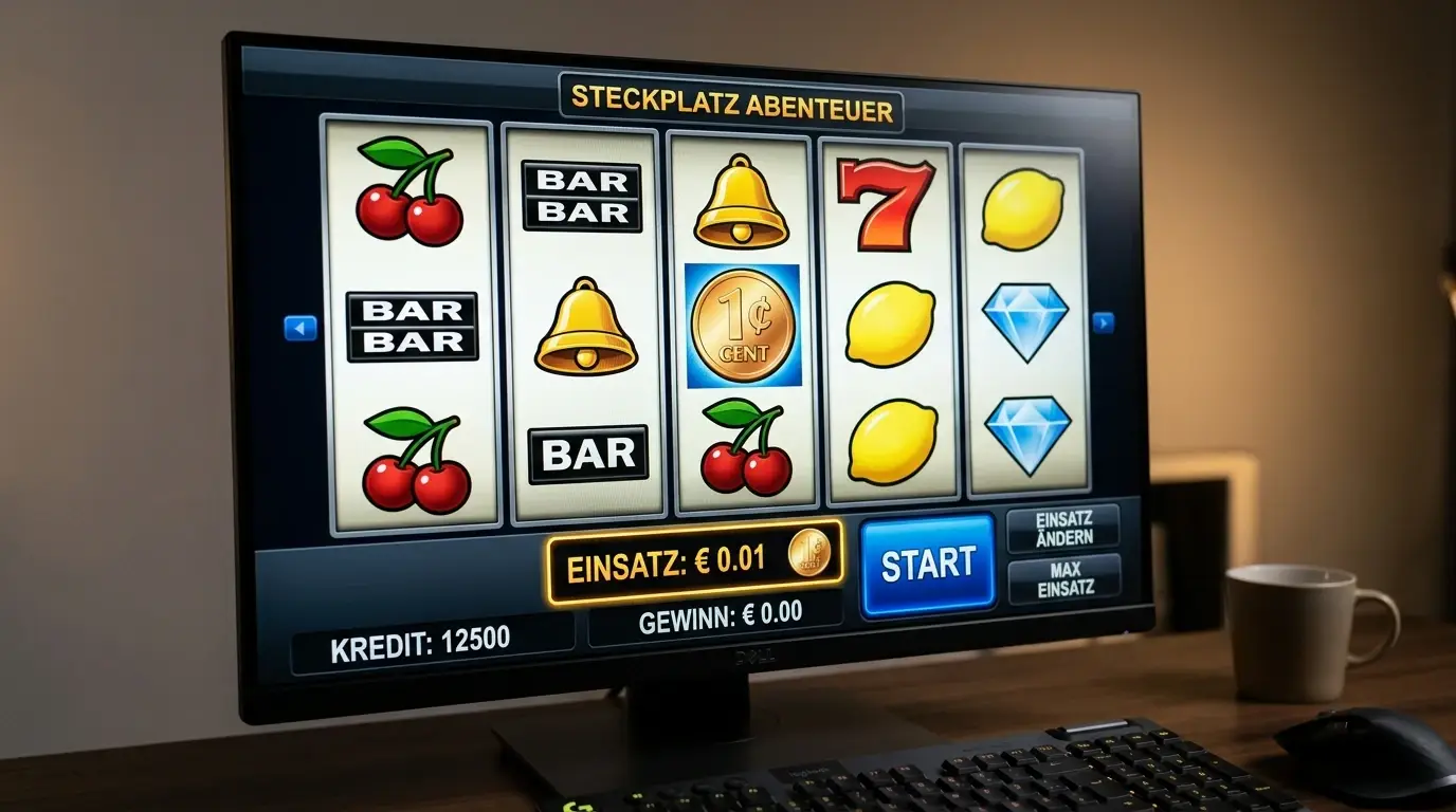 Ein-Cent-Spielautomat mit generischen Walzen und Euro-Symbol auf dem Bildschirm