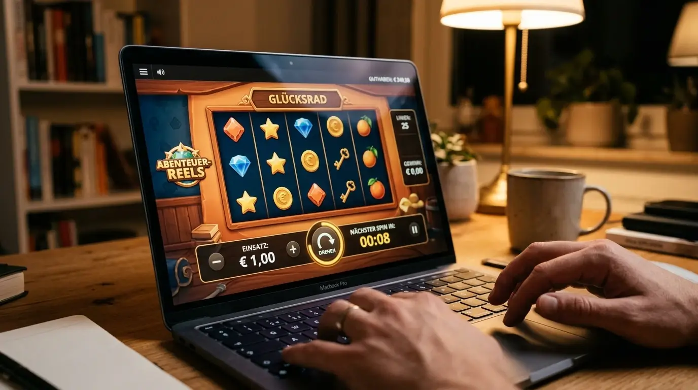 Spielautomat-Interface mit 1-Euro-Einsatz und Timer-Anzeige zwischen Spins