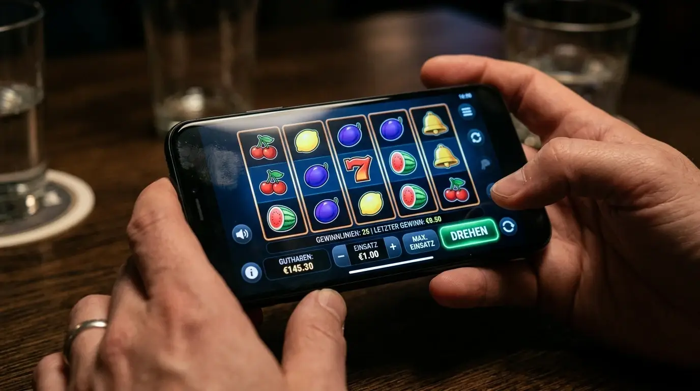 Mobiles Spielautomaten-Interface mit angezeigtem Einsatzlimit von einem Euro