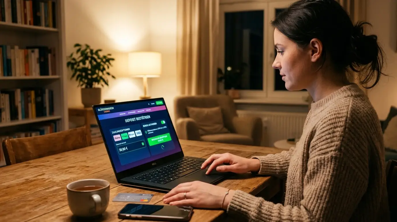 Spieler zahlt 30 Euro ein und erhält Einzahlungsbonus am Laptop