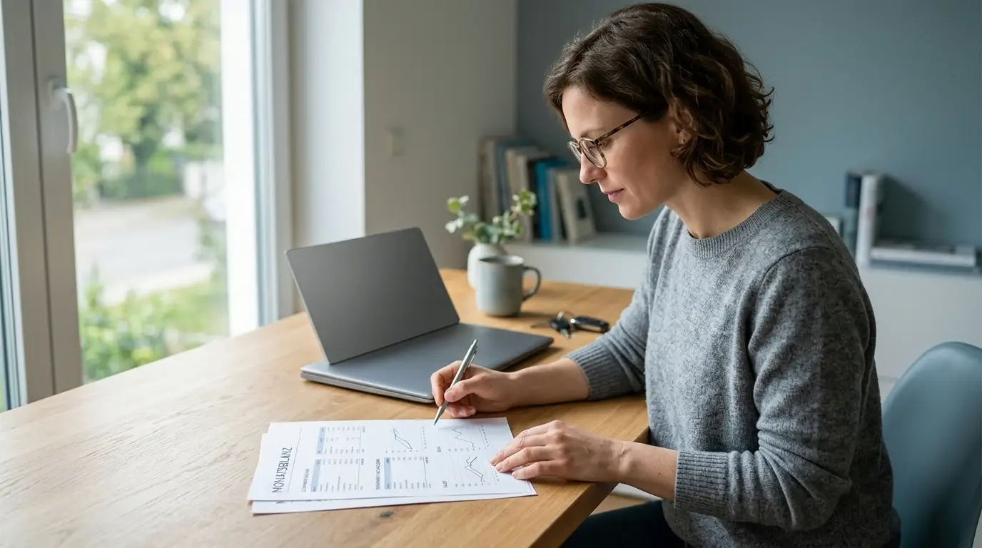Person am Schreibtisch mit Monatsausdruck und geschlossenem Laptop