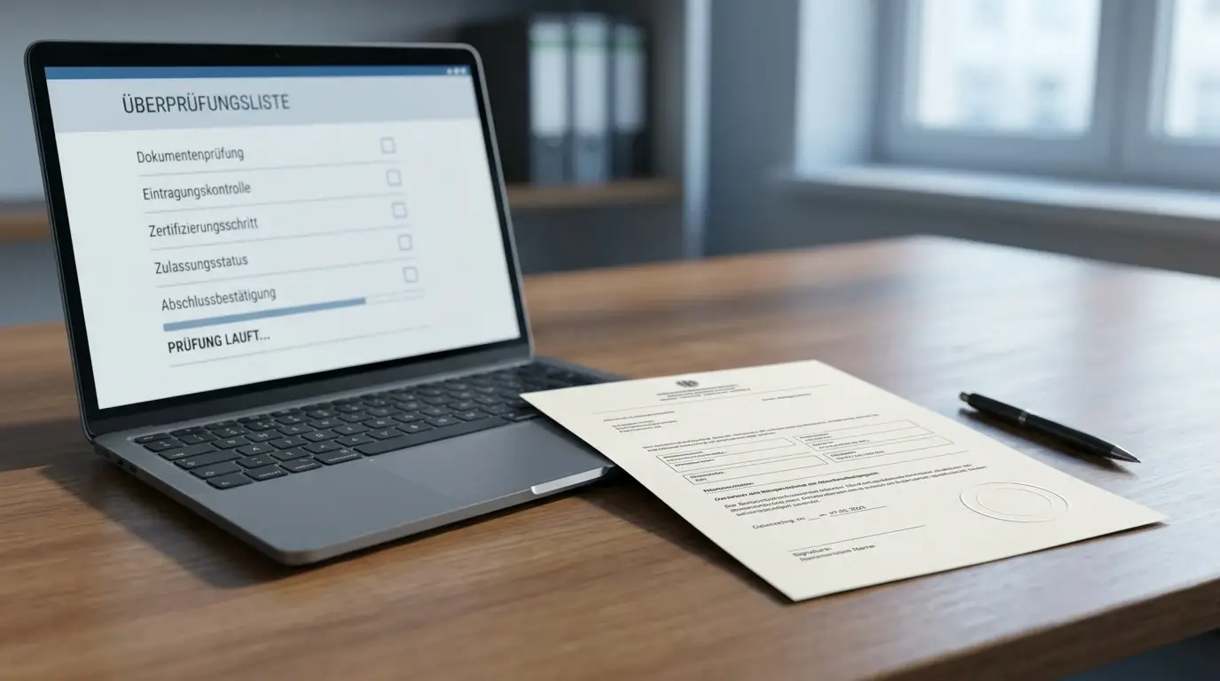 Neutrale Schweizer Konzessionsprüfung mit Registerauszug und Laptop