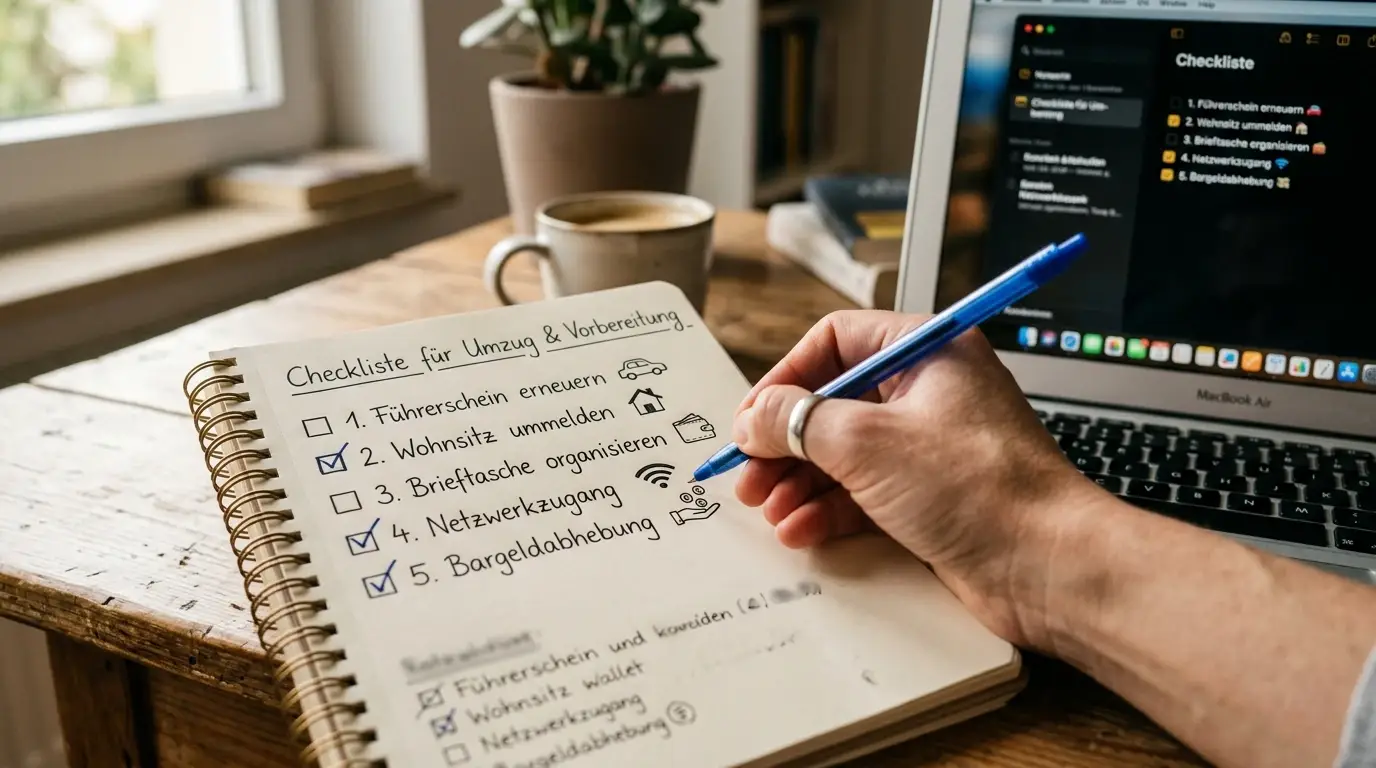 Handschriftliche Prüfliste mit Wallet, Lizenz, Wohnsitz und Auszahlung als Themen