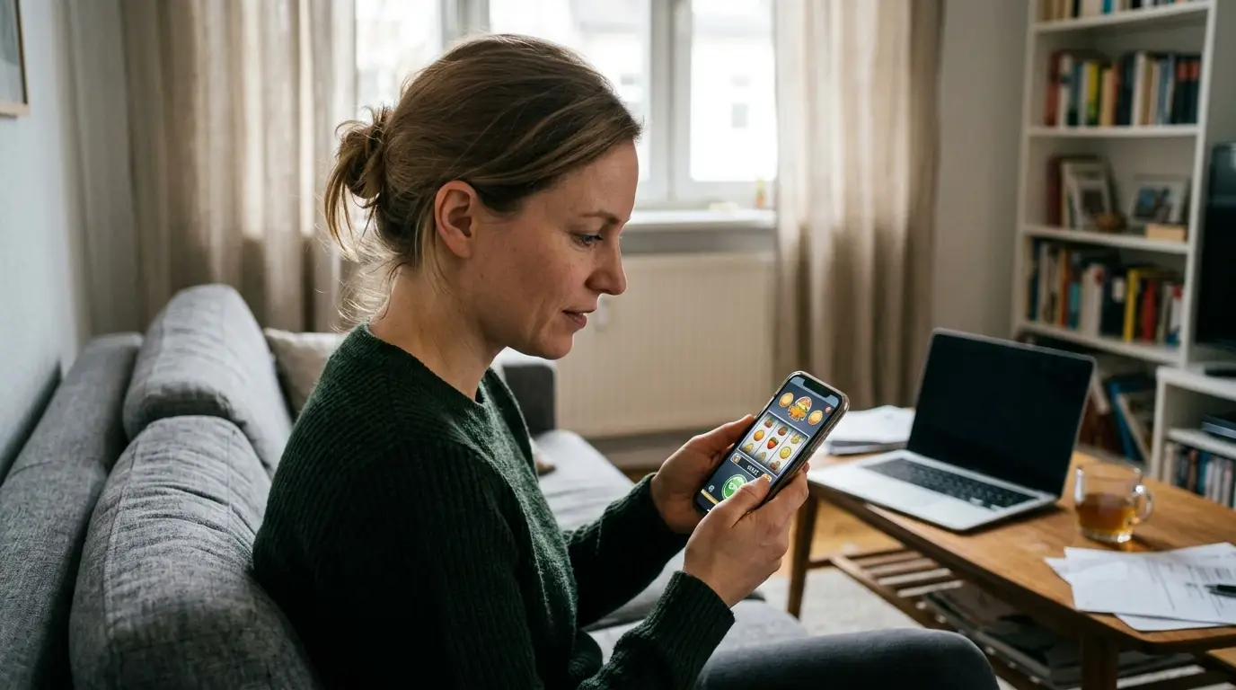 Spieler mit Smartphone und neutraler Casino-Oberfläche ohne Markenlogo