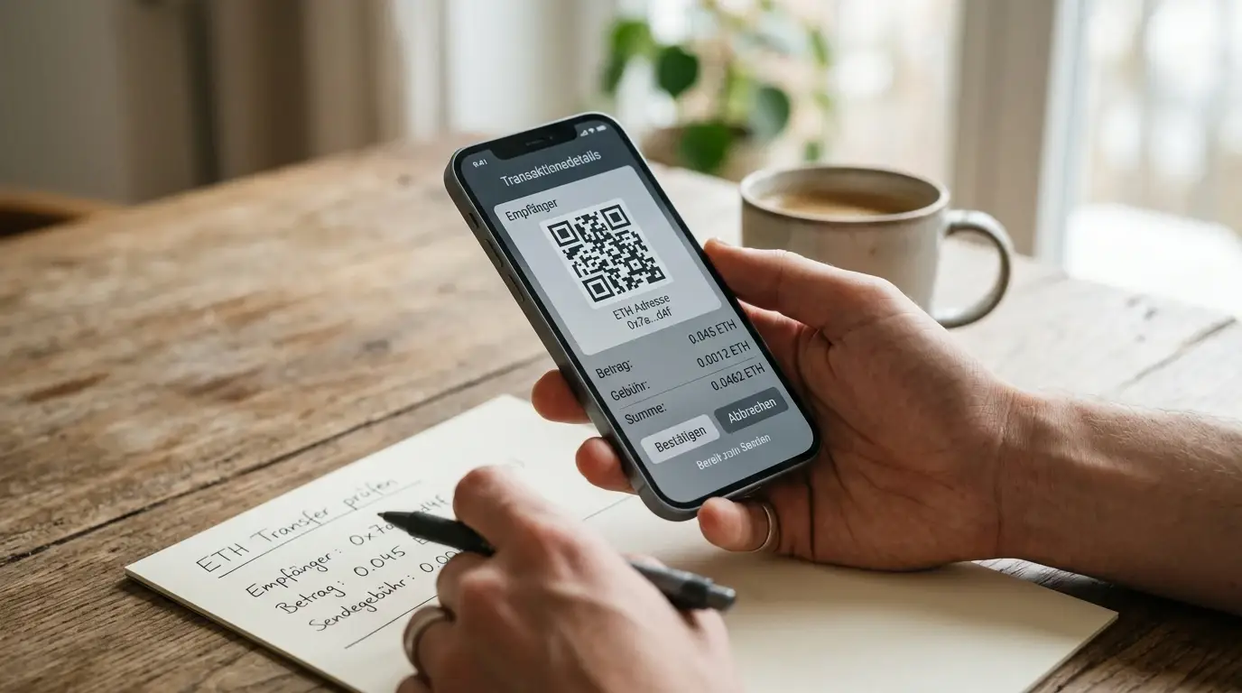 Ethereum-Wallet mit neutraler Transaktionsansicht und geprüfter Empfängeradresse