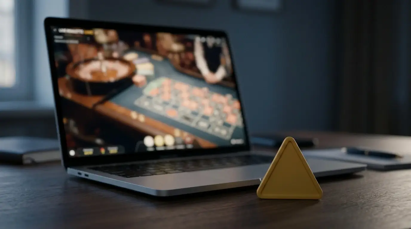 Warnsymbol auf einem Bildschirm mit deutschsprachigem Live-Roulette ohne deutsche Lizenz