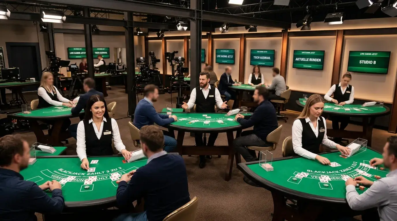 Evolution Gaming Live-Blackjack-Tisch mit mehreren Spielerpositionen und Dealer
