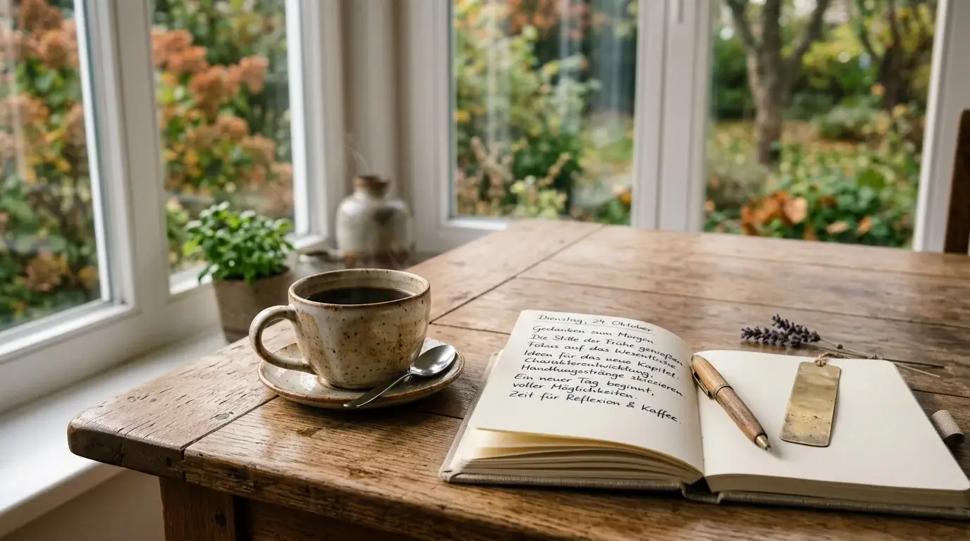 Ruhige Szene mit Kaffeetasse und aufgeschlagenem Notizbuch auf Holzplatte