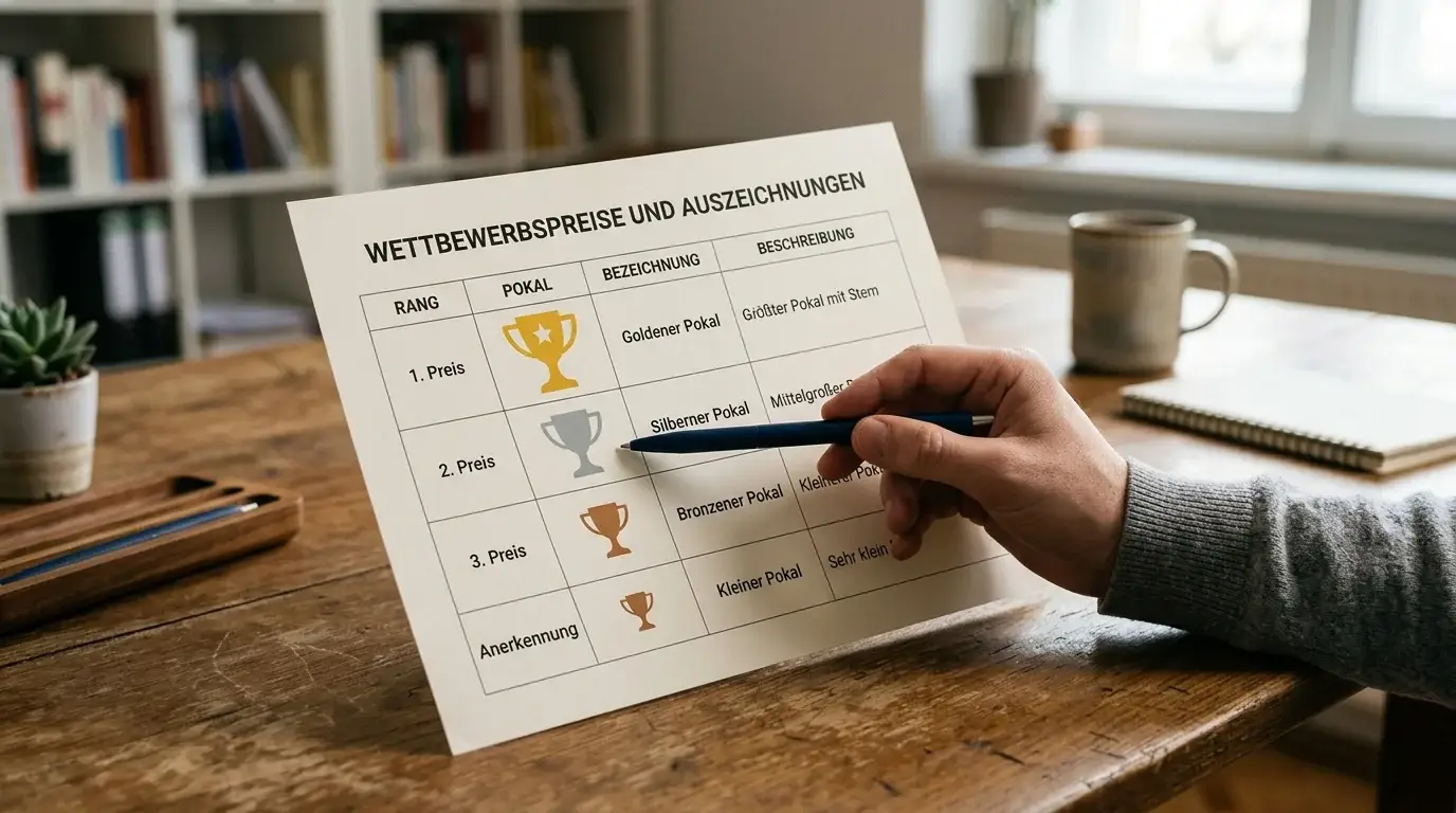 Vergleichsübersicht mit abstrakten Pokalemblemen unterschiedlicher Größe auf einem hellen Schreibtisch, Hand mit Stift zeigt auf eine Zeile