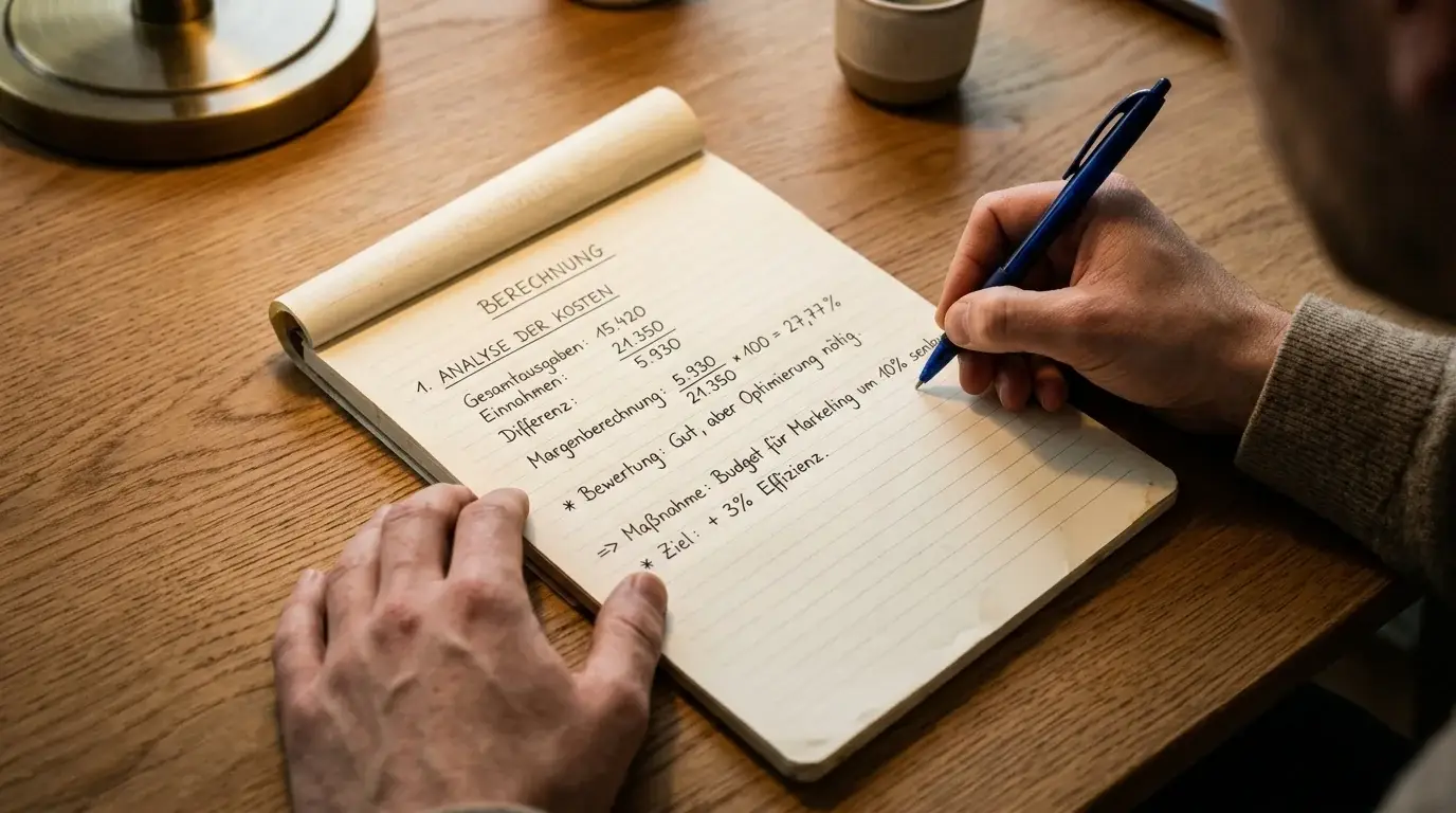 Person rechnet mit Stift und Block den realen Wert von Freispielen aus